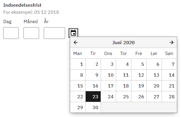 Eksempel på, hvordan en datovælger kan se ud