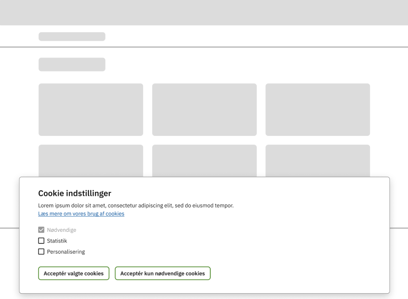 Eksempel på en tydeligt placeret cookiemeddelelse med flere valgmuligheder